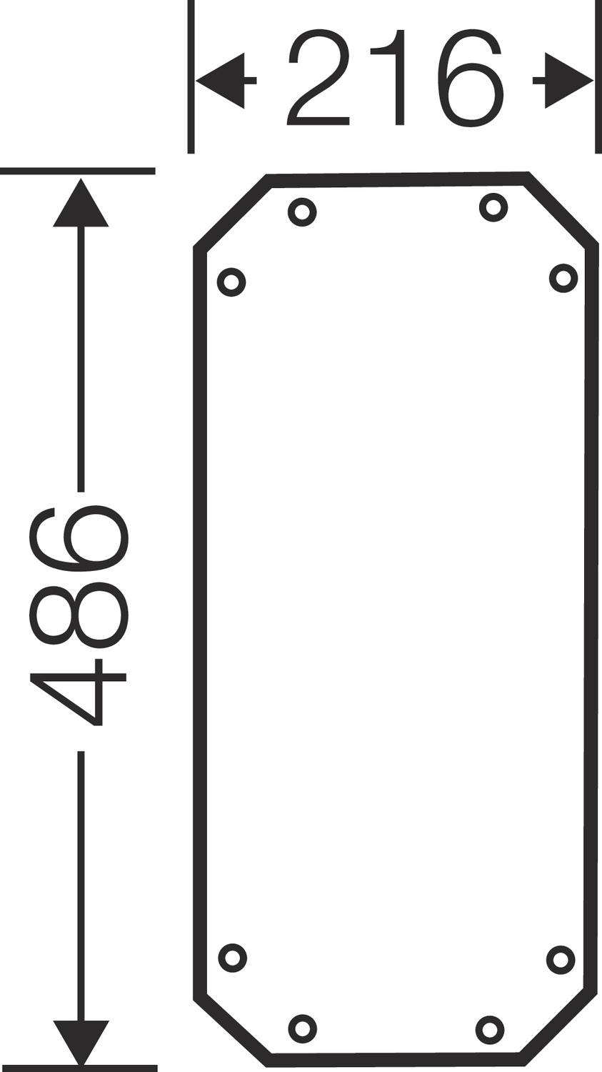 Podłużny prostokąt ze ściętymi narożnikami i otworami mocującymi. Wymiary: szerokość 216 i wysokość 486.