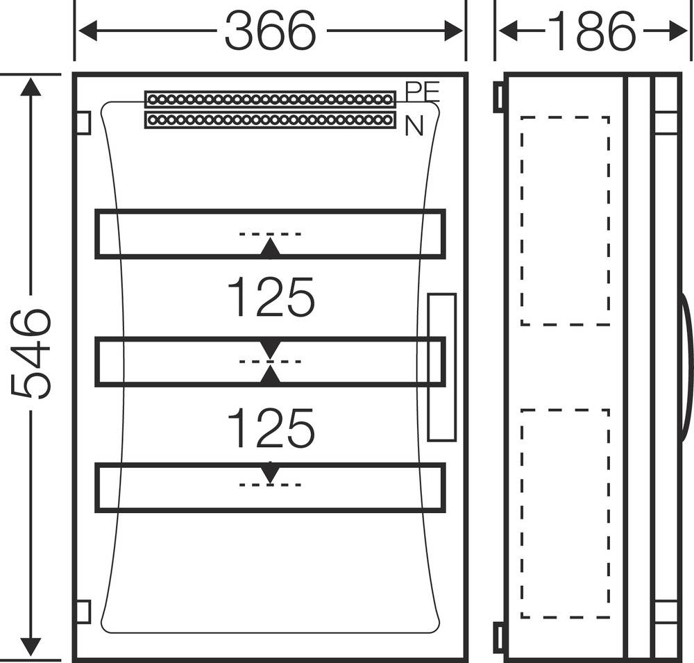 Rysunek techniczny prostokątnej obudowy o wymiarach 366 x 546 x 186 mm. Przedstawia widok wewnętrzny z trzema równymi przegrodami.