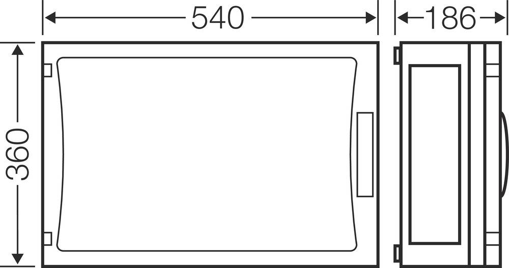 Rysunek techniczny prostokątnego urządzenia o wymiarach 540 mm x 360 mm x 186 mm, z widokiem z boku i z góry.
