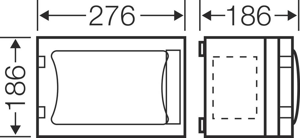 Rysunek techniczny: Prostokątny obiekt o szerokości 276 mm i wysokości 186 mm na przedniej stronie. Widok z boku ukazuje głębokość 186 mm.