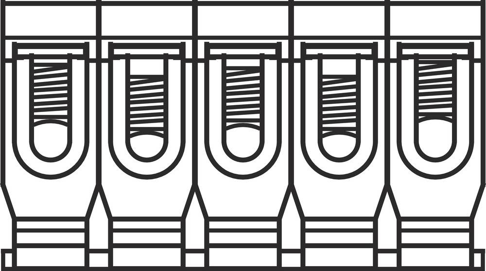 Rysunek złącza elektrycznego z pięcioma identycznymi zaciskami przyłączeniowymi.