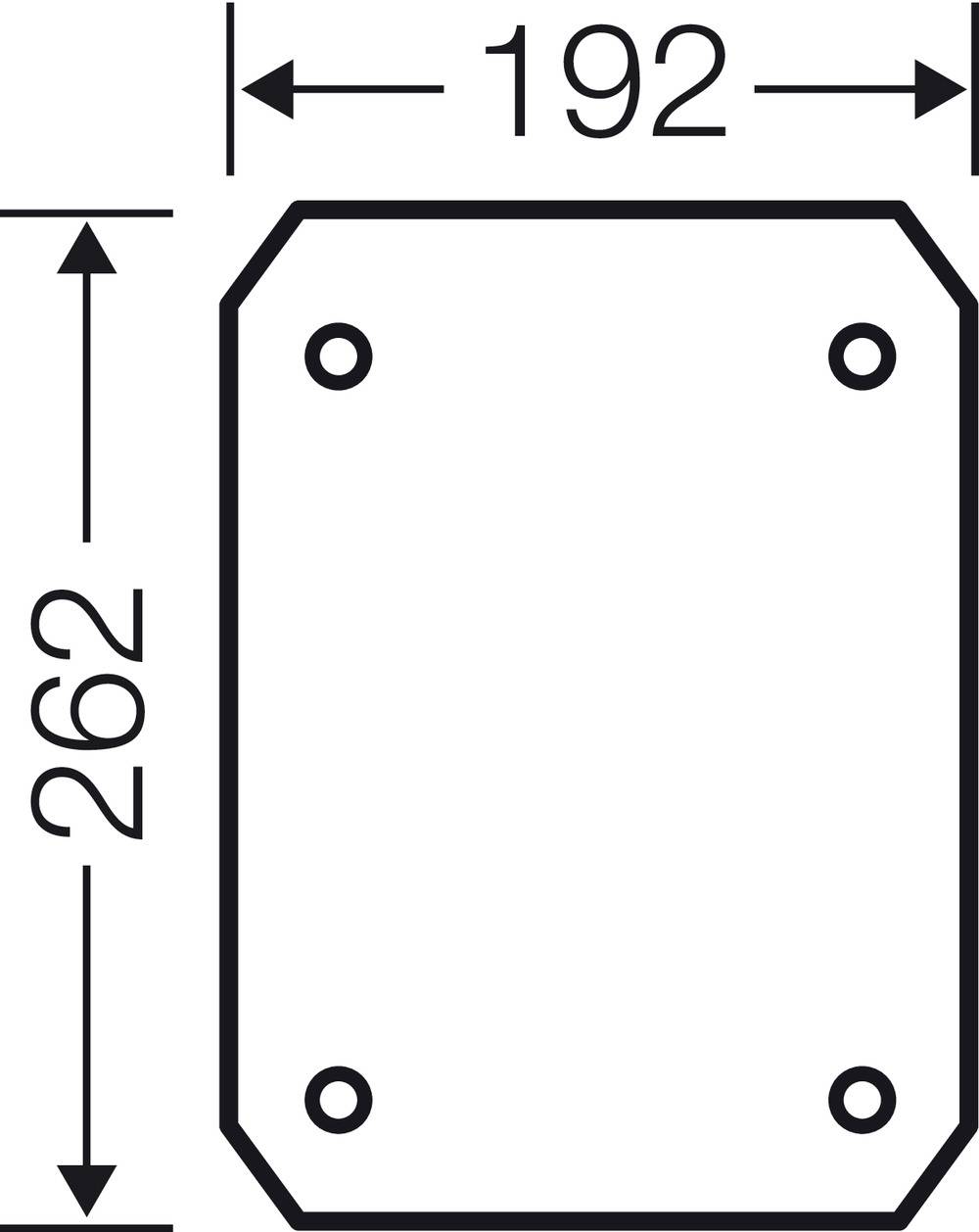 Schemat prostokątnego obiektu ze ściętymi narożnikami, czterema otworami montażowymi o wymiarach 192 x 262 mm.
