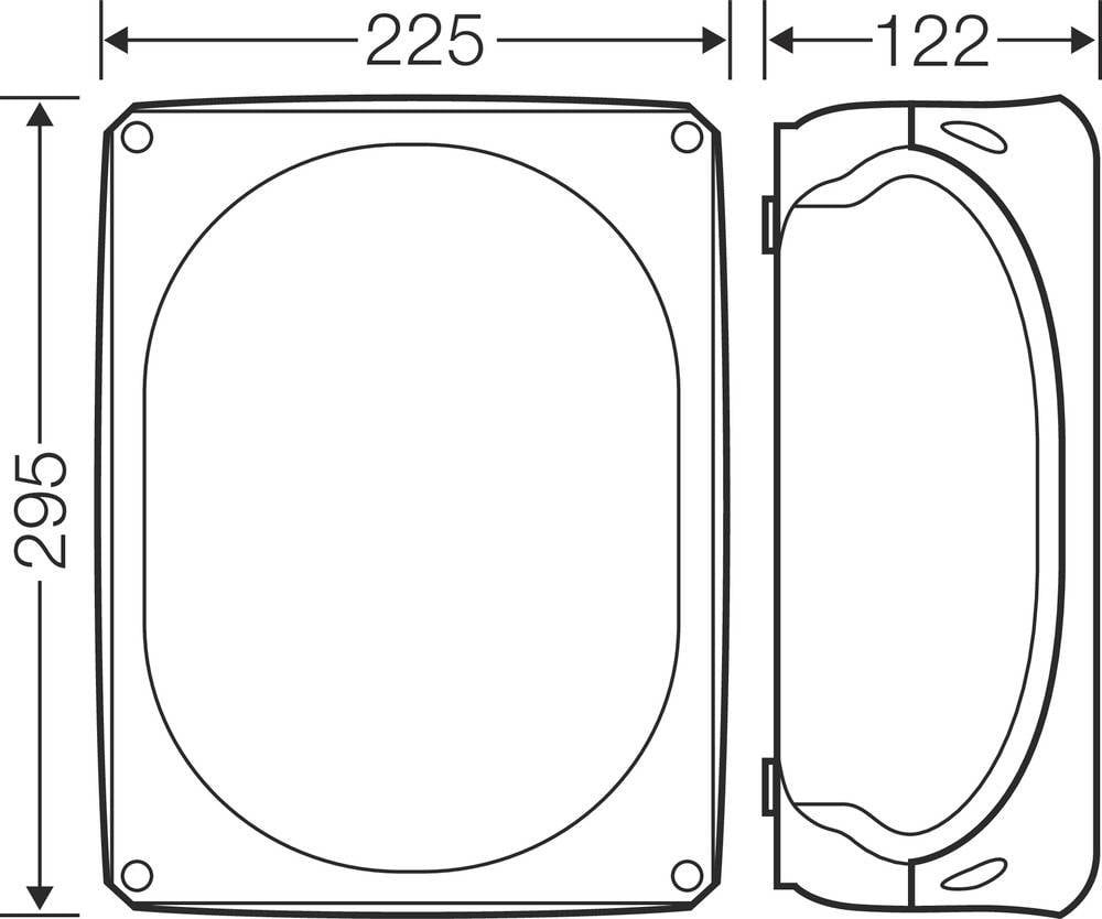 Szkic obudowy prostokątnego obiektu z wymiarami: 225 mm szerokości, 295 mm wysokości, 122 mm głębokości. Dwie projekcje: widok z przodu i z boku.