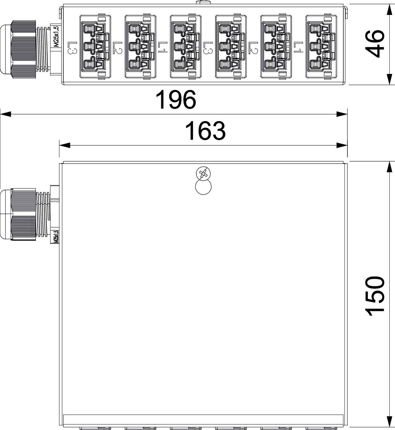 Schemat elektrycznej skrzynki przyłączeniowej o wymiarach: szerokość 196 mm, wysokość 150 mm. Przedstawia podłączenia i rozmieszczenie wtyczek.