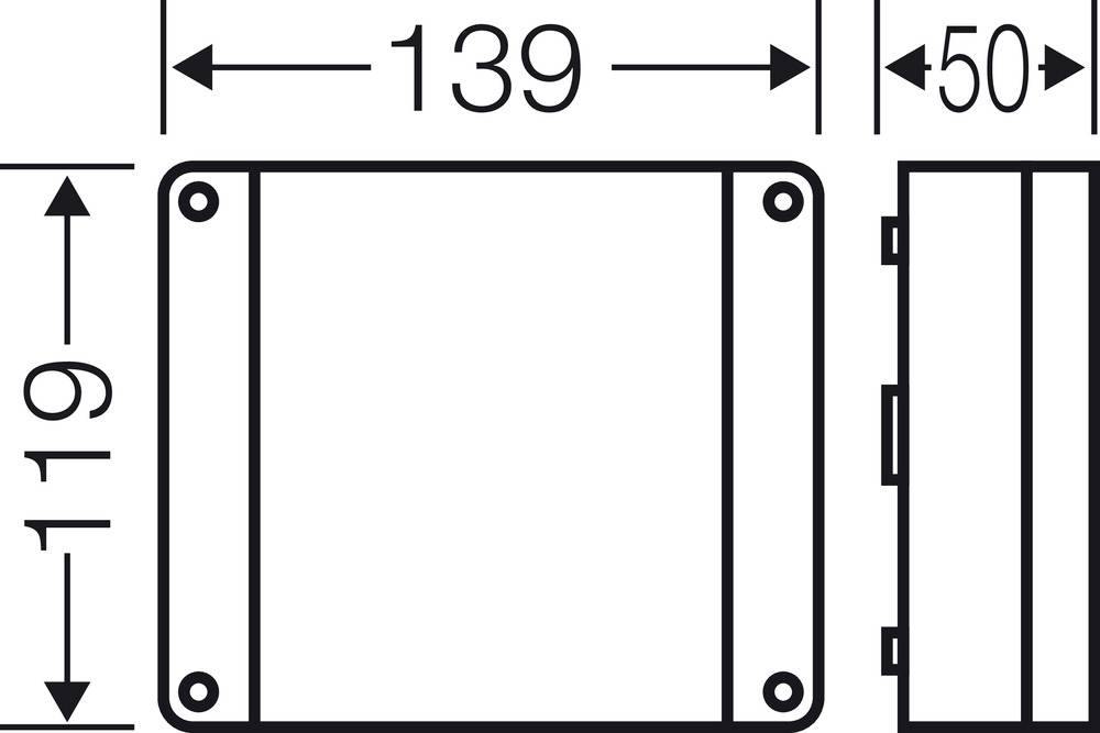 Rysunek techniczny prostokątnego elementu z wymiarami: szerokość 139 mm, wysokość 119 mm, głębokość 50 mm. Otwory na śruby w narożnikach.