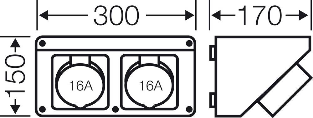 Rysunek przedstawia podwójne gniazdo elektryczne 16A, o wymiarach: 300 mm szerokości, 150 mm wysokości, 170 mm głębokości. Widok z przodu i z boku.