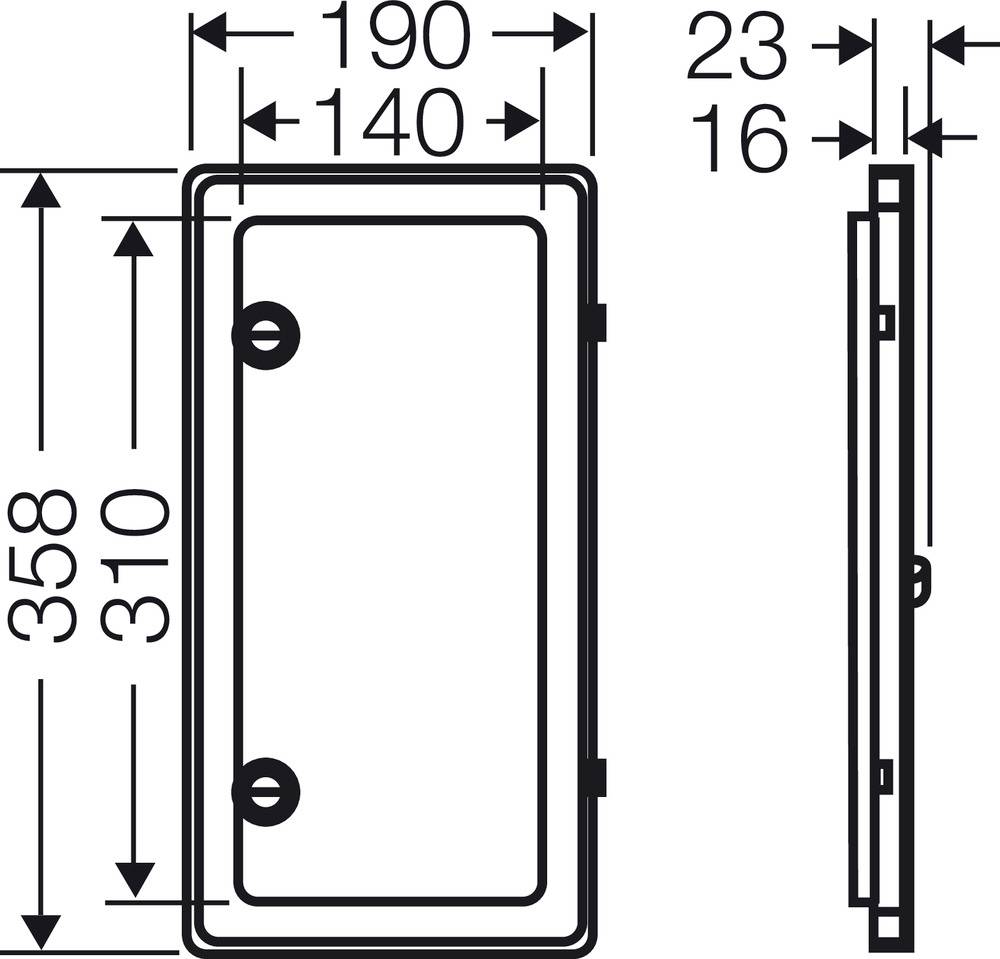 Rysunek techniczny prostokątnego obiektu o wymiarach: wysokość 310 mm, szerokość 190 mm, głębokość 23 mm. Przedstawia widok z przodu i z boku.