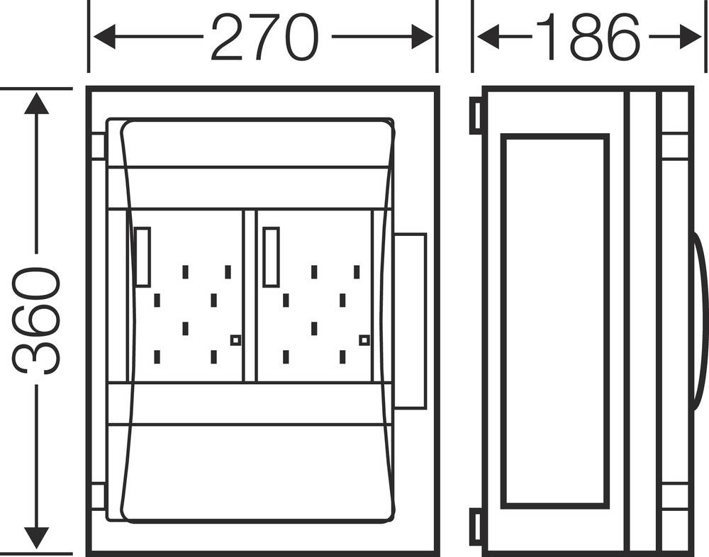 Rysunek techniczny prostokątnego urządzenia o wymiarach: szerokość 270 mm, głębokość 186 mm, wysokość 360 mm. Widok czołowy i boczny.