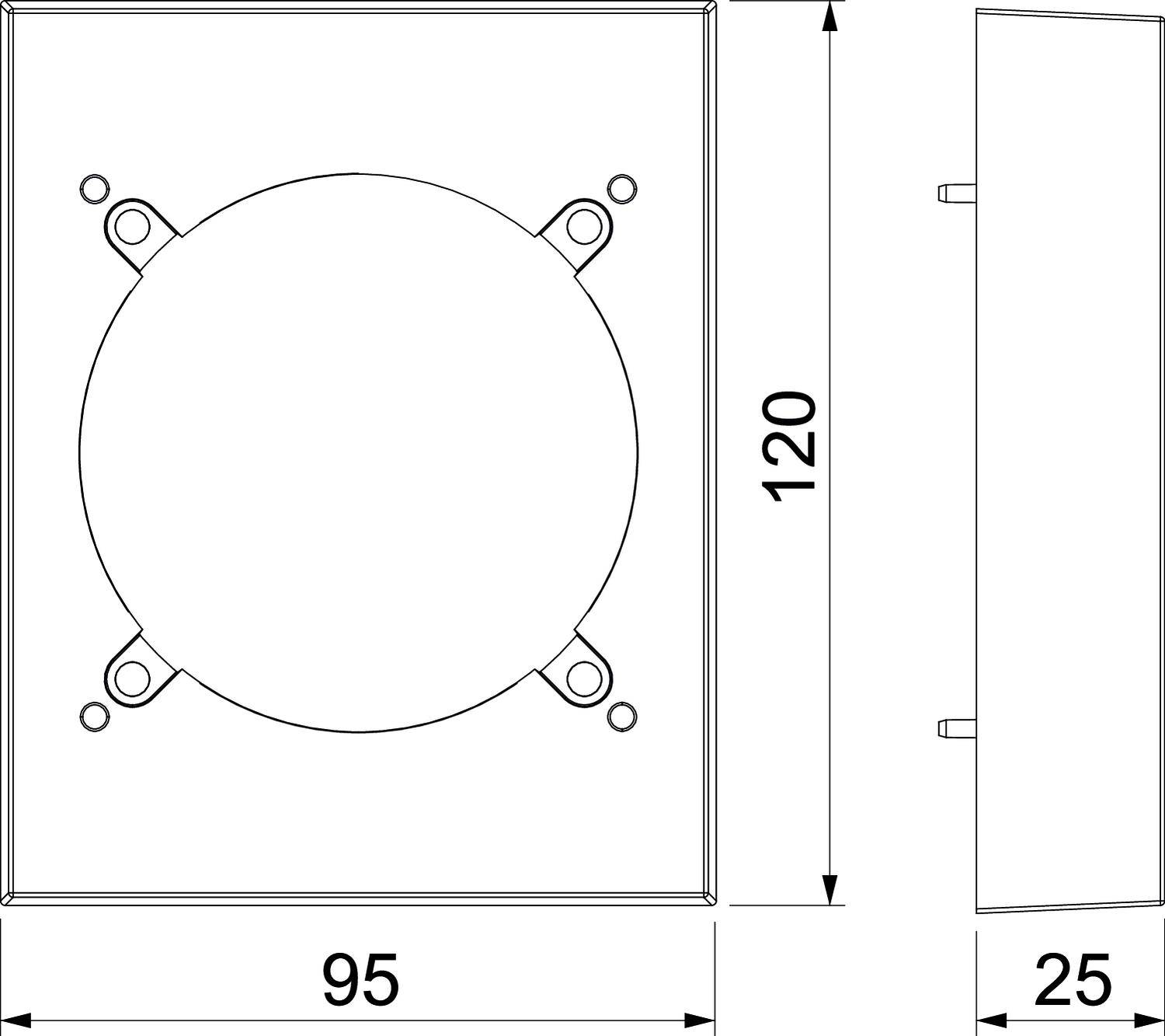 Rysunek techniczny prostokątnej osłony o wymiarach: 120 mm wysokości, 95 mm szerokości, 25 mm głębokości. Pokazuje punkty mocowania.