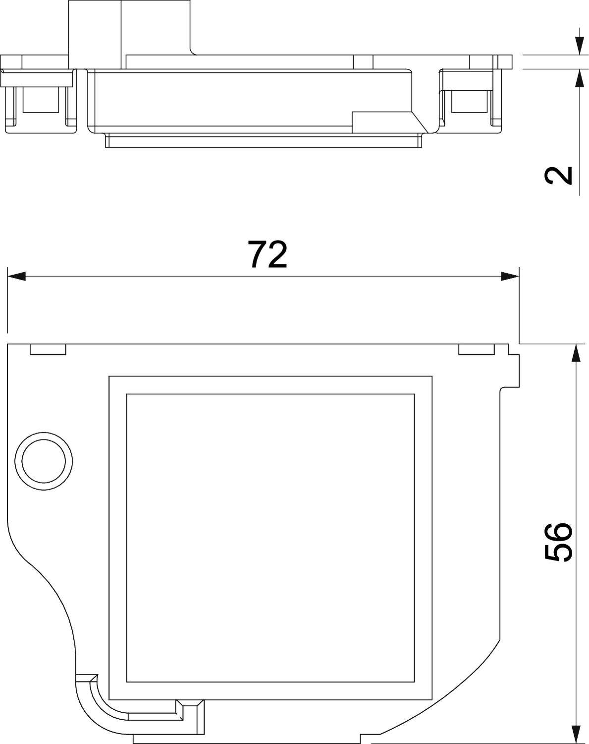 Rysunek techniczny prostokątnego elementu o wymiarach: szerokość 72 mm i wysokość 56 mm. Widok z boku przedstawia wysokość 2 mm.