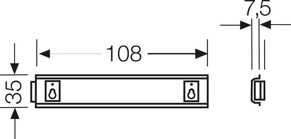 Rysunek techniczny prostokątnego elementu z wymiarami: szerokość 108 mm, wysokość 35 mm, głębokość 7,5 mm. Otwory montażowe na końcach.