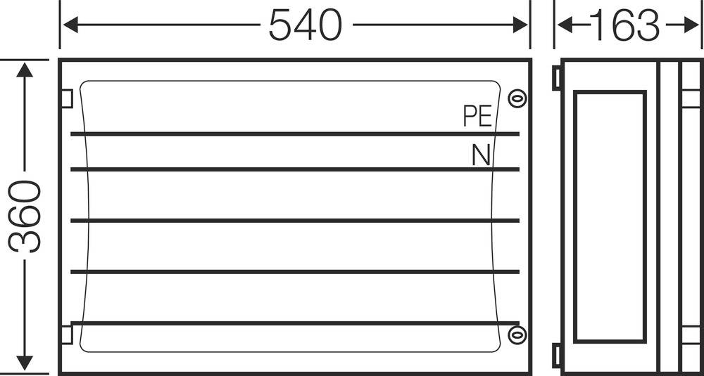 Rysunek wymiarowy prostokątnego obiektu o wymiarach 540 mm x 360 mm x 163 mm. Oznaczony w górnym prawym rogu napisami 'PE' i 'N'.