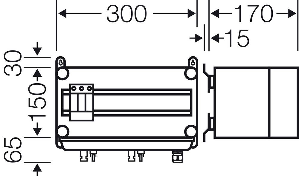 Rysunek techniczny urządzenia z wymiarami: szerokość 300 mm, głębokość częściowa 170 mm, wysokość 150 mm. Oznaczenia wskazują złącza i punkty mocowania.