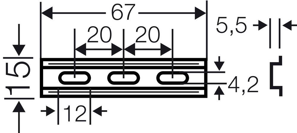 Rysunek techniczny profilu metalowego z czterema otworami owalnymi. Wymiary: długość 67 mm, szerokość 15 mm, rozstaw otworów 20 mm.