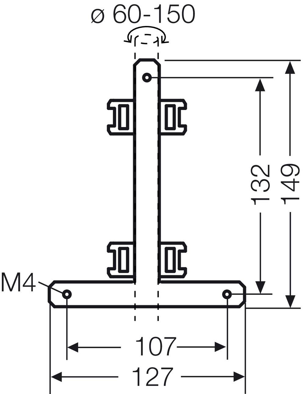 Rysunek techniczny uchwytu. Wymiary: całkowita wysokość 149 mm, szerokość u dołu 127 mm, średnica otworu górnego 60-150 mm, gwint M4.