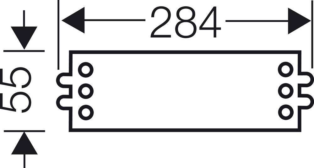 Rysunek techniczny prostokątnego obiektu z wymiarami: długość 284 mm, wysokość 55 mm. Cztery otwory po obu stronach.