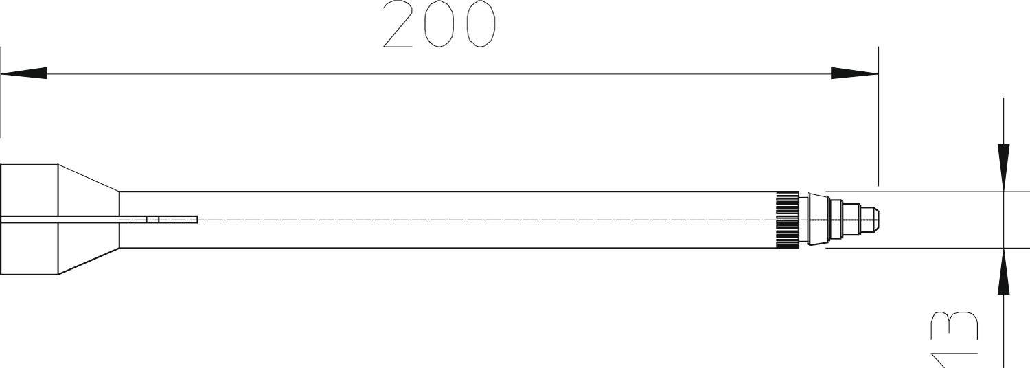 Rysunek techniczny: Widok podłużny cylindrycznego obiektu zakończonego stożkowo, o długości 200 mm z gwintem M13.