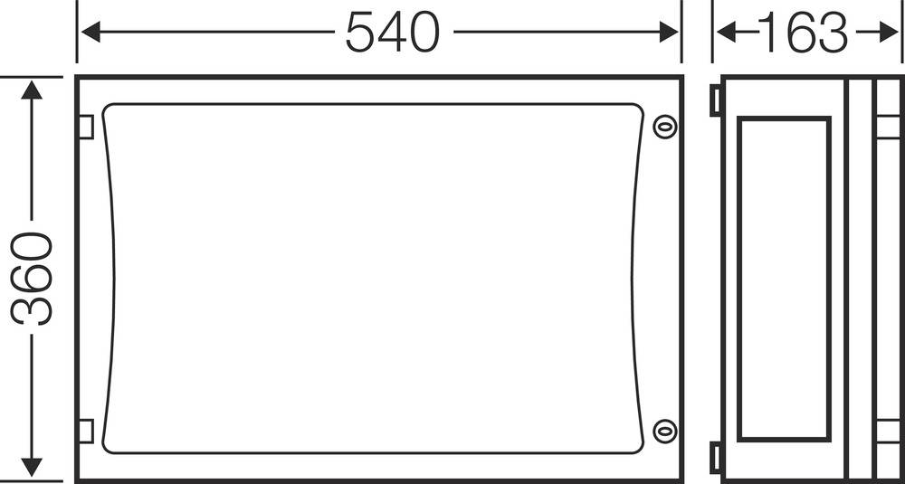 Schemat obudowy urządzenia elektrycznego o wymiarach 540 mm szerokości, 360 mm wysokości i 163 mm głębokości. Przedstawiono widok z przodu i z boku.