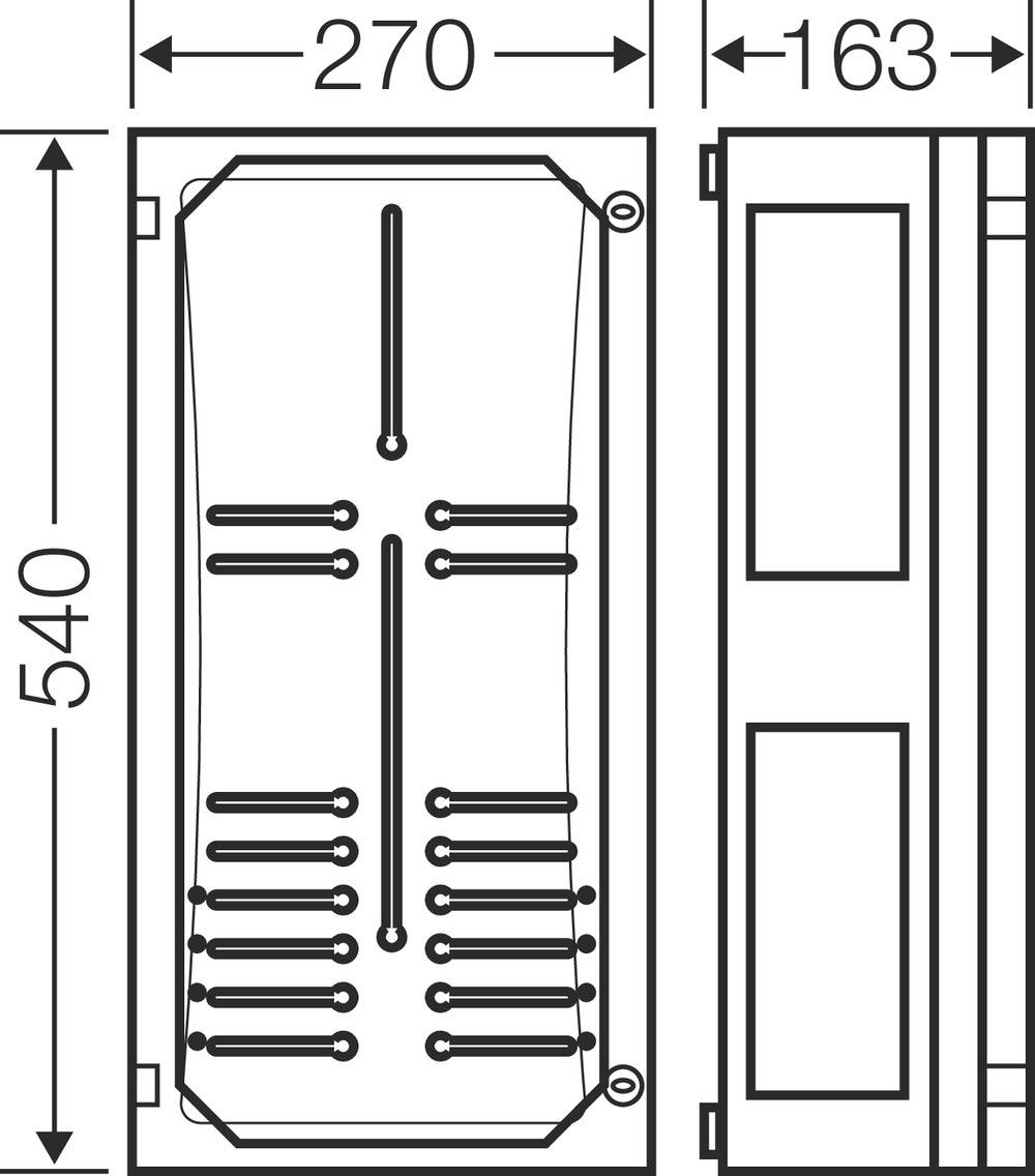 Rysunek techniczny prostokątnego pudełka z wymiarami: 540 mm wysokości, 270 mm szerokości i 163 mm głębokości, widok z góry i widok z boku.