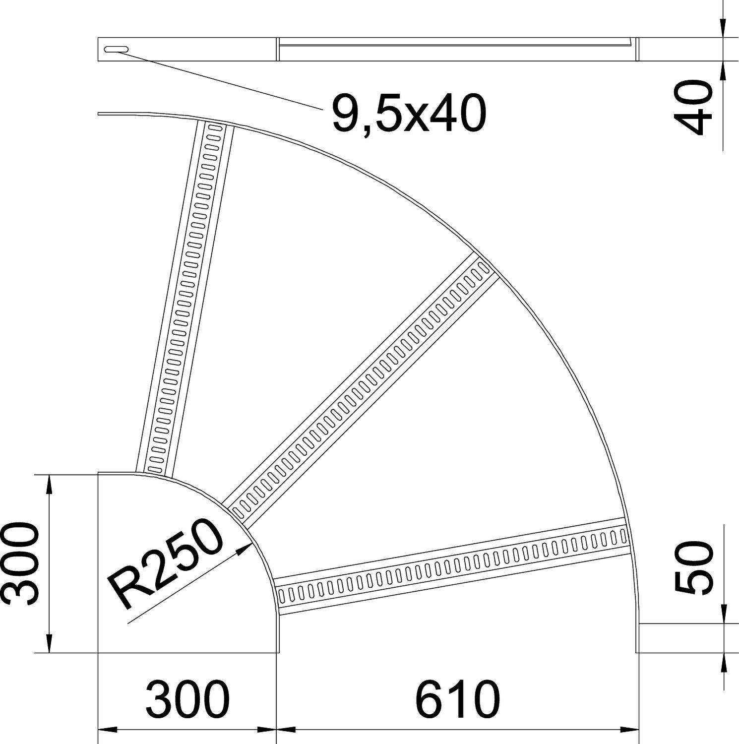 Rysunek techniczny zakrzywionej półki z wymiarami: promień 250 cm, wysokość 300 cm, szerokość 300 cm, głębokość 610 cm, ze wspornikami.