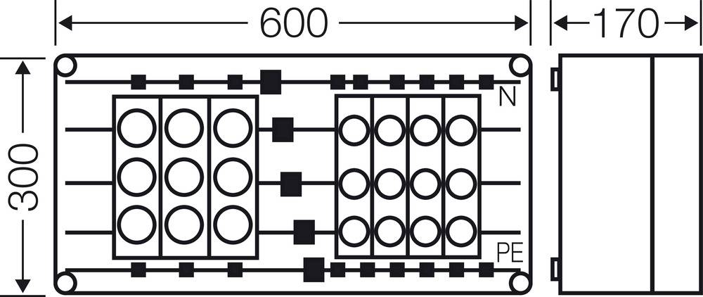 Rysunek techniczny elektrycznej puszki przyłączeniowej o wymiarach 600x300x170 mm, przedstawiający zaciski N i PE.