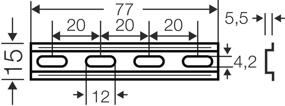 Rysunek techniczny profilu metalowego z wymiarami: długość 77 mm, szerokość 15 mm, 4 owalne wycięcia, podane odległości i średnice.