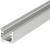 Profil aluminiowy, prawdopodobnie do montażu pasków LED. Przedstawiono podłużny, srebrny profil szynowy z rowkiem w kształcie litery U.