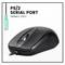 Czarna mysz komputerowa z złączem szeregowym PS/2 po lewej stronie. Tekst w lewym górnym rogu: 'PS/2 SERIAL PORT', model 'PERIMICE-209 P'.