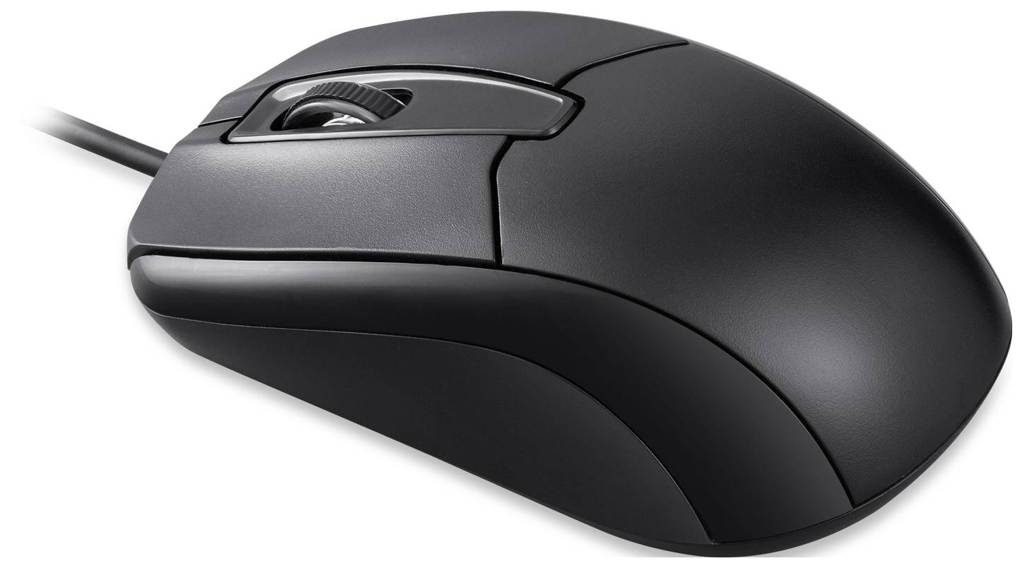 Czarna mysz komputerowa z kablem i ergonomicznym designem, z bocznym przyciskiem pod kciuk oraz rolką przewijania.