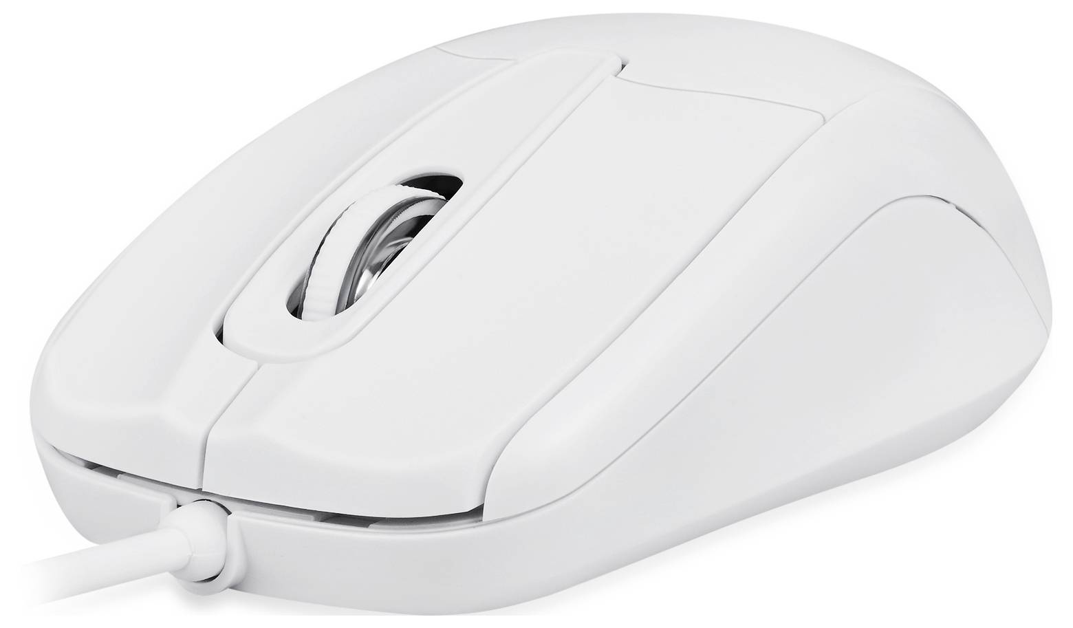 Biała, przewodowa mysz komputerowa z rolką przewijania, widok z boku.