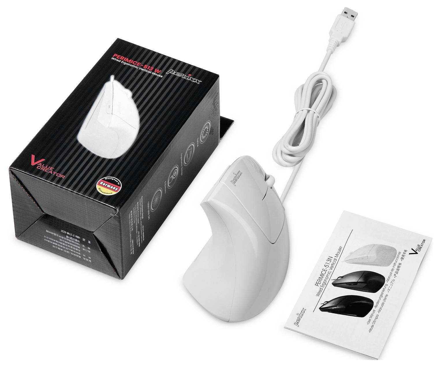 Pionowa ergonomiczna mysz w kolorze białym z przewodem USB, umieszczona obok opakowania i broszury. Opakowanie prezentuje nazwę marki 'Evoluent'.