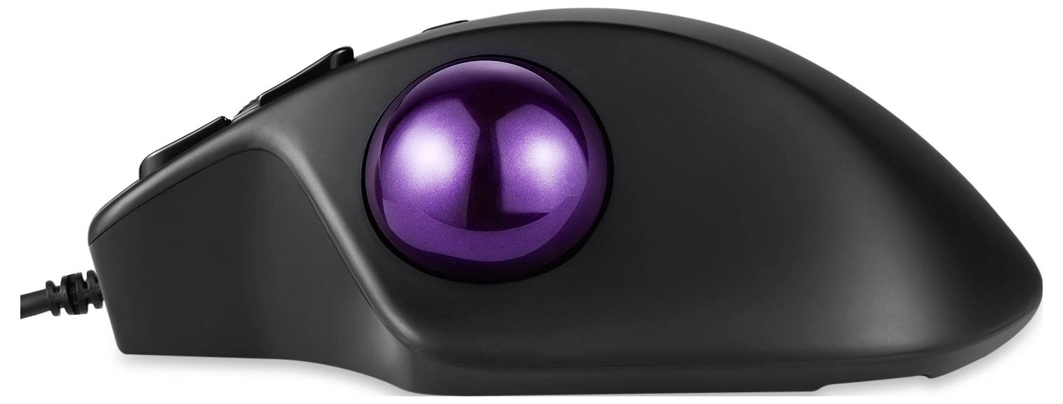 Czarna ergonomiczna mysz trackball z fioletową kulką, odpowiednia do precyzyjnego sterowania i wygodnego użytkowania przy komputerze.