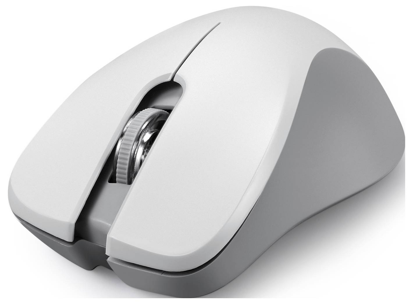 Biała mysz komputerowa z dwoma przyciskami i kółkiem przewijania pośrodku. Posiada ergonomiczny design bez widocznych przewodów.