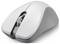 Biała mysz komputerowa z dwoma przyciskami i kółkiem przewijania pośrodku. Posiada ergonomiczny design bez widocznych przewodów.