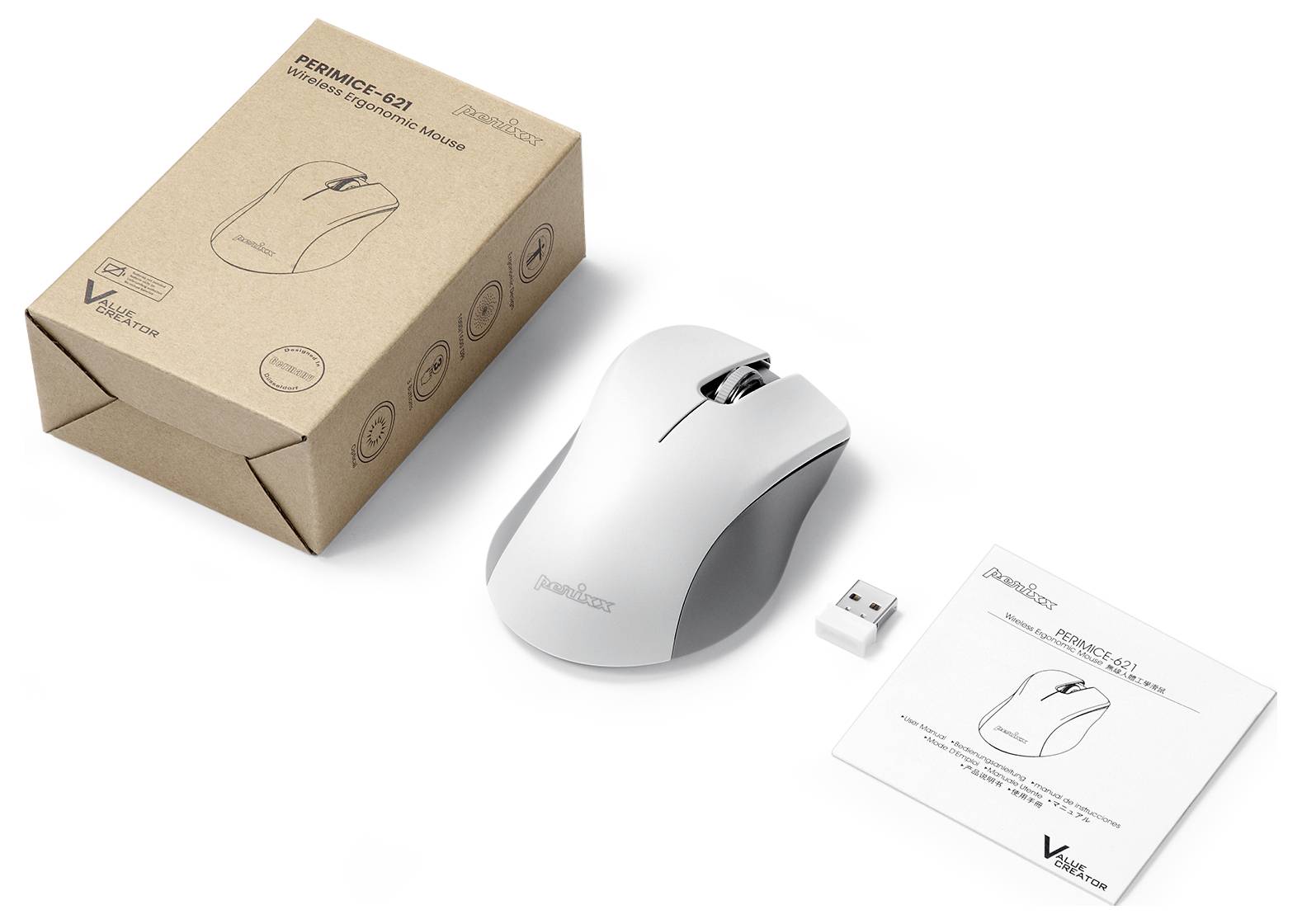 Widok z góry na białą bezprzewodową mysz komputerową obok brązowego opakowania i instrukcji. Odbiornik USB sprzedawany osobno.