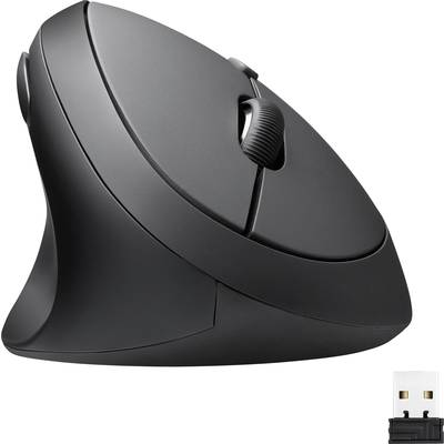 Czarna, pionowa ergonomiczna mysz z odbiornikiem USB, zapewniająca komfort podczas długotrwałego użytkowania.