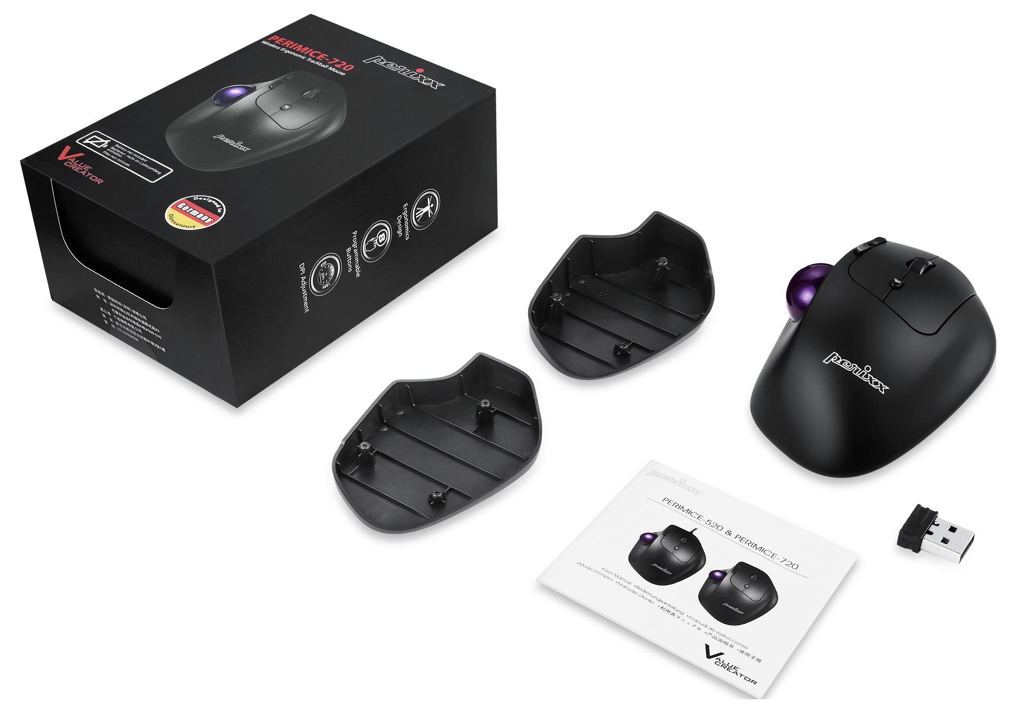 Bezprzewodowy trackball z odbiornikiem USB, dwiema wymiennymi podpórkami pod nadgarstek oraz instrukcją obsługi obok opakowania.