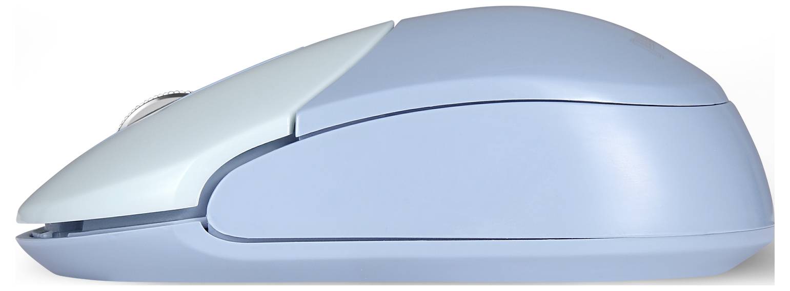 Niebieska mysz komputerowa widziana z boku, o zakrzywionym kształcie i delikatnym połysku.