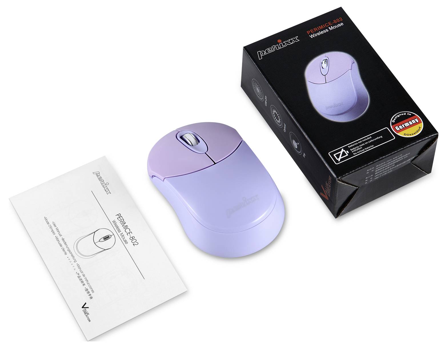 Bezprzewodowa mysz komputerowa w pastelowych kolorach, obok czarne opakowanie z obrazkiem myszy oraz instrukcja obsługi z numerem modelu.