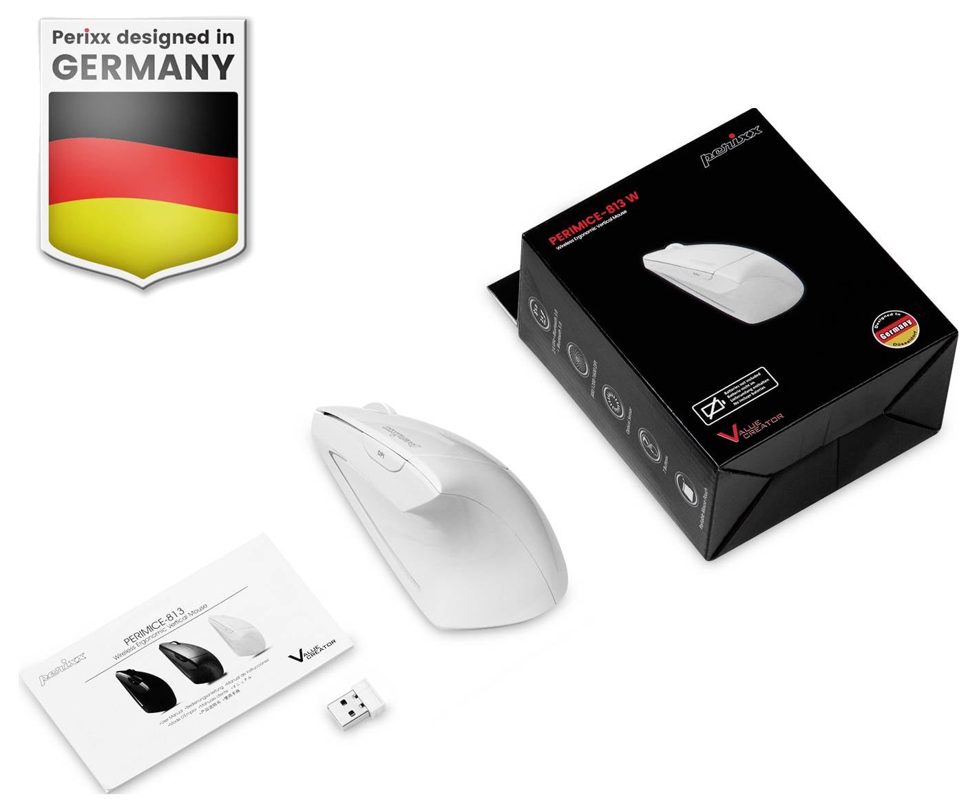 Zdjęcie produktu zestawu bezprzewodowej myszy Perixx: biała mysz, odbiornik USB i instrukcja obsługi obok czarnego pudełka handlowego oznaczonego 'Perixx' i 'Zaprojektowano w Niemczech'.