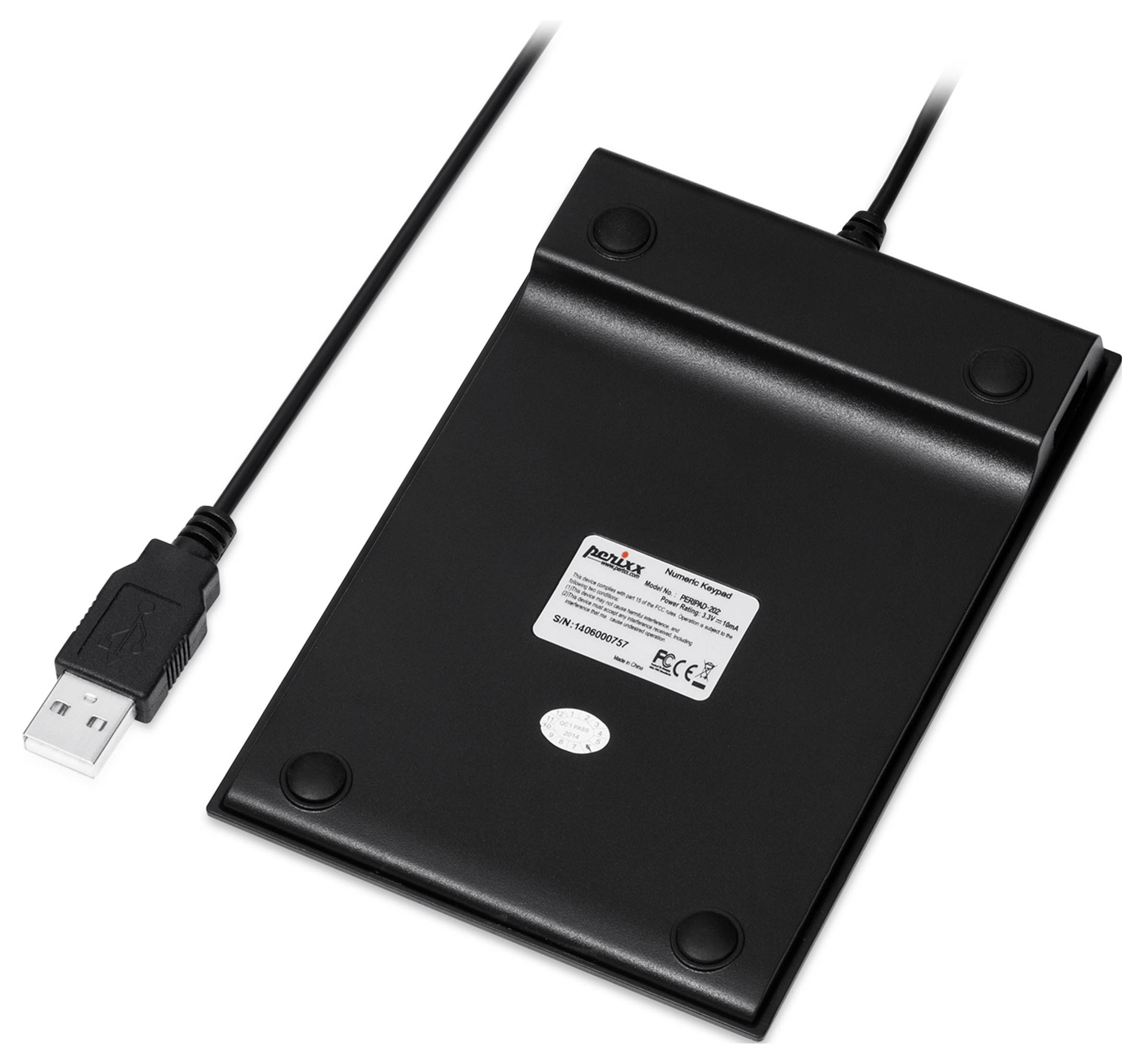 Czarne urządzenie USB z przewodem, o płaskiej konstrukcji, prawdopodobnie ładowarka lub touchpad, na białym tle.