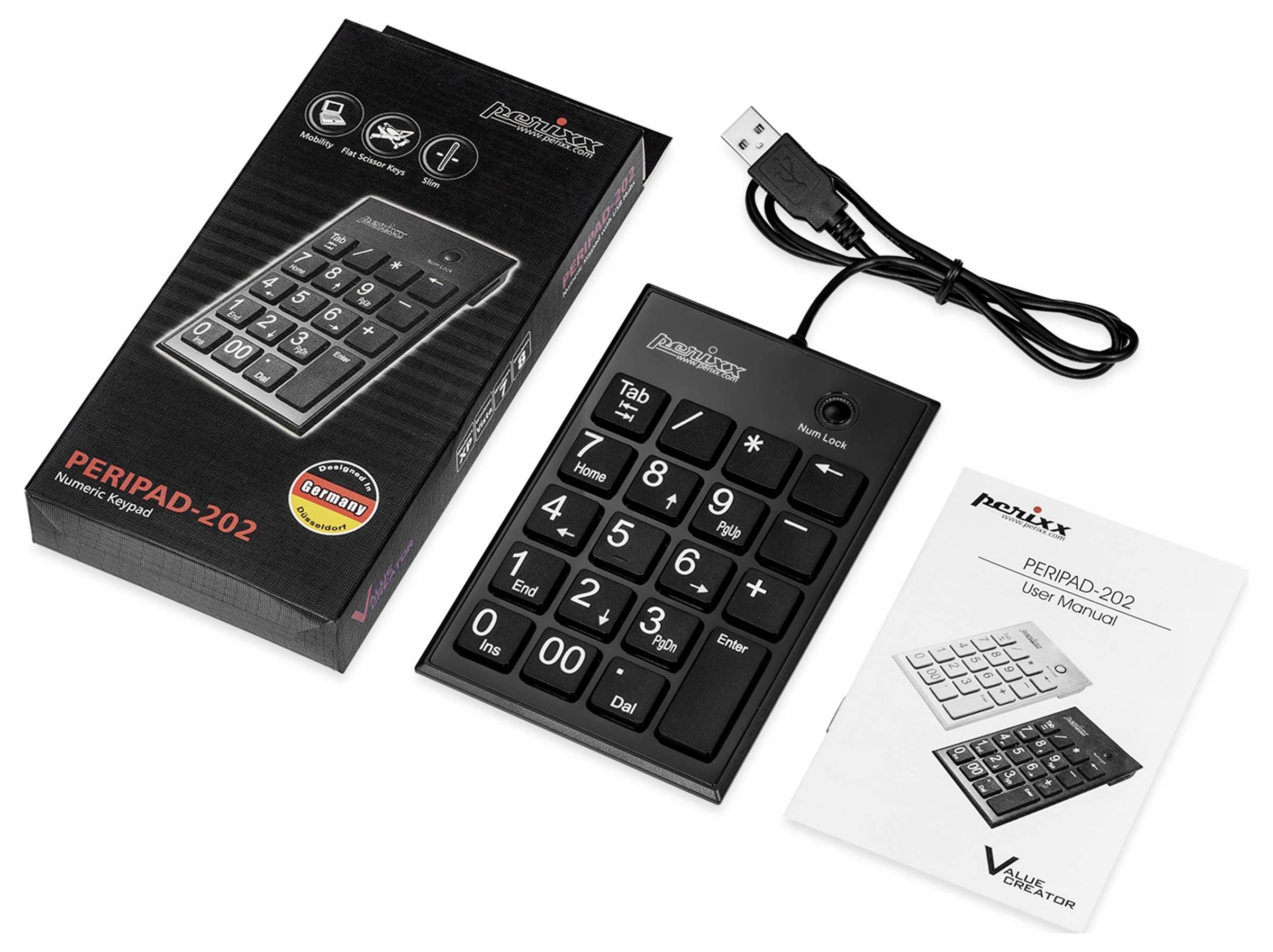 Zewnętrzna klawiatura numeryczna USB (Perixx) obok opakowania i instrukcji obsługi; idealna do laptopów bez zintegrowanego panelu numerycznego.