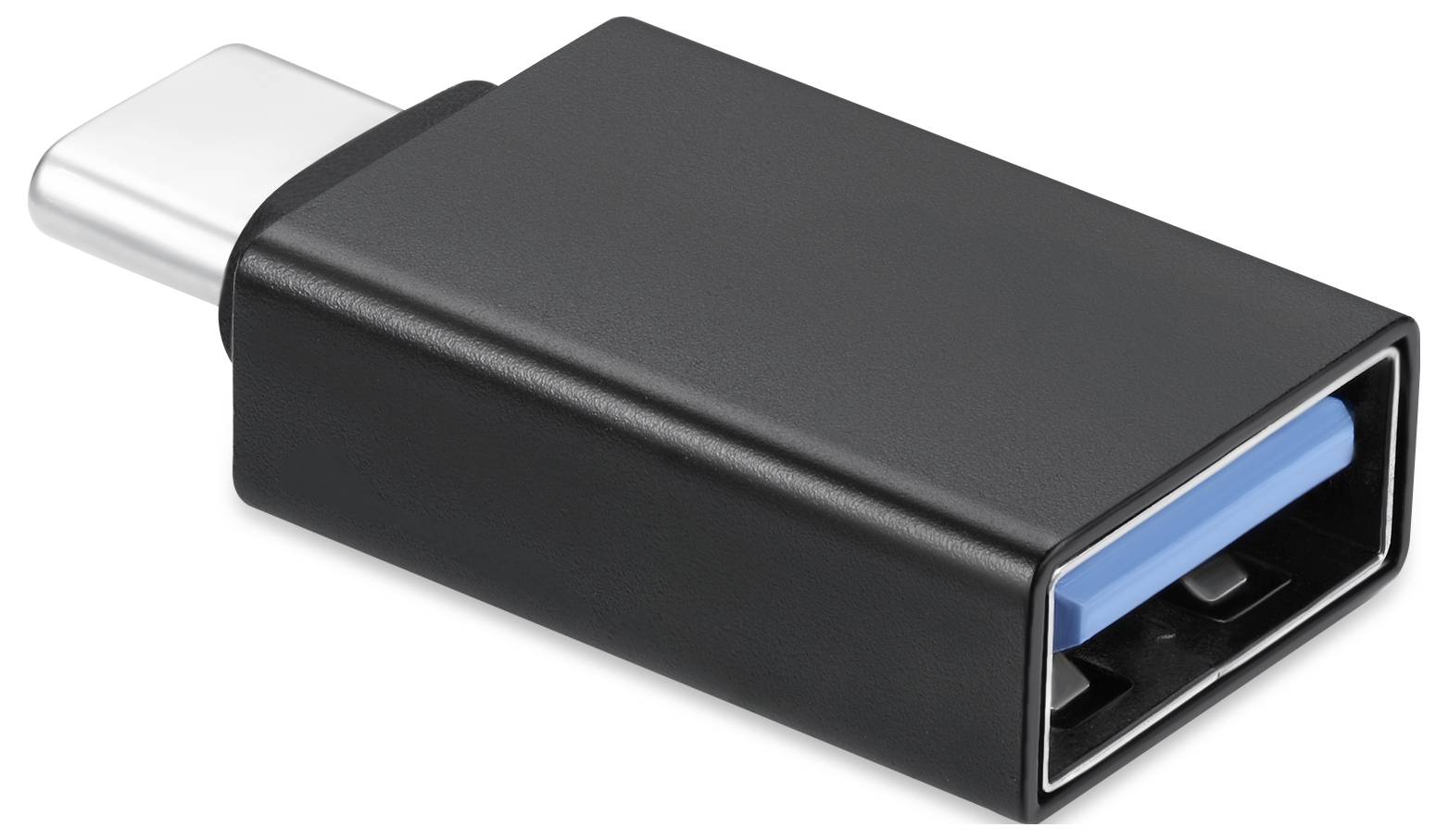 Czarny adapter USB-C z gniazdem USB-A, przeznaczony do podłączania urządzeń z interfejsem USB-C do starszych kabli lub akcesoriów USB-A.