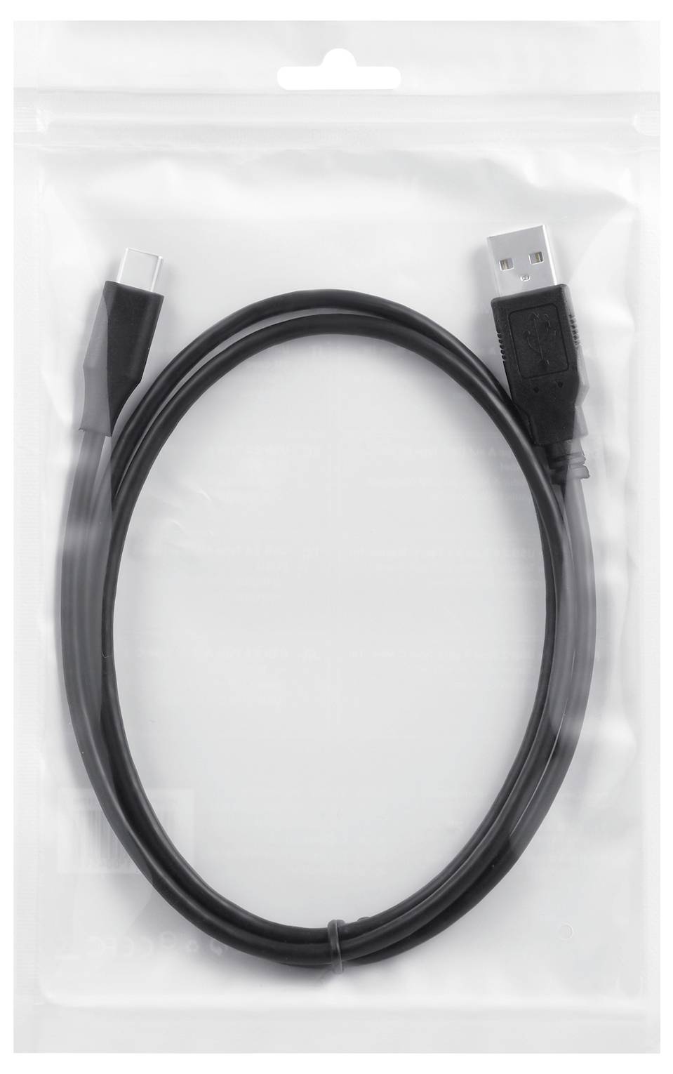 Czarny kabel USB z wtyczką USB-A po jednej stronie i złączem USB-C po drugiej stronie, zapakowany w przezroczystą plastikową torebkę.