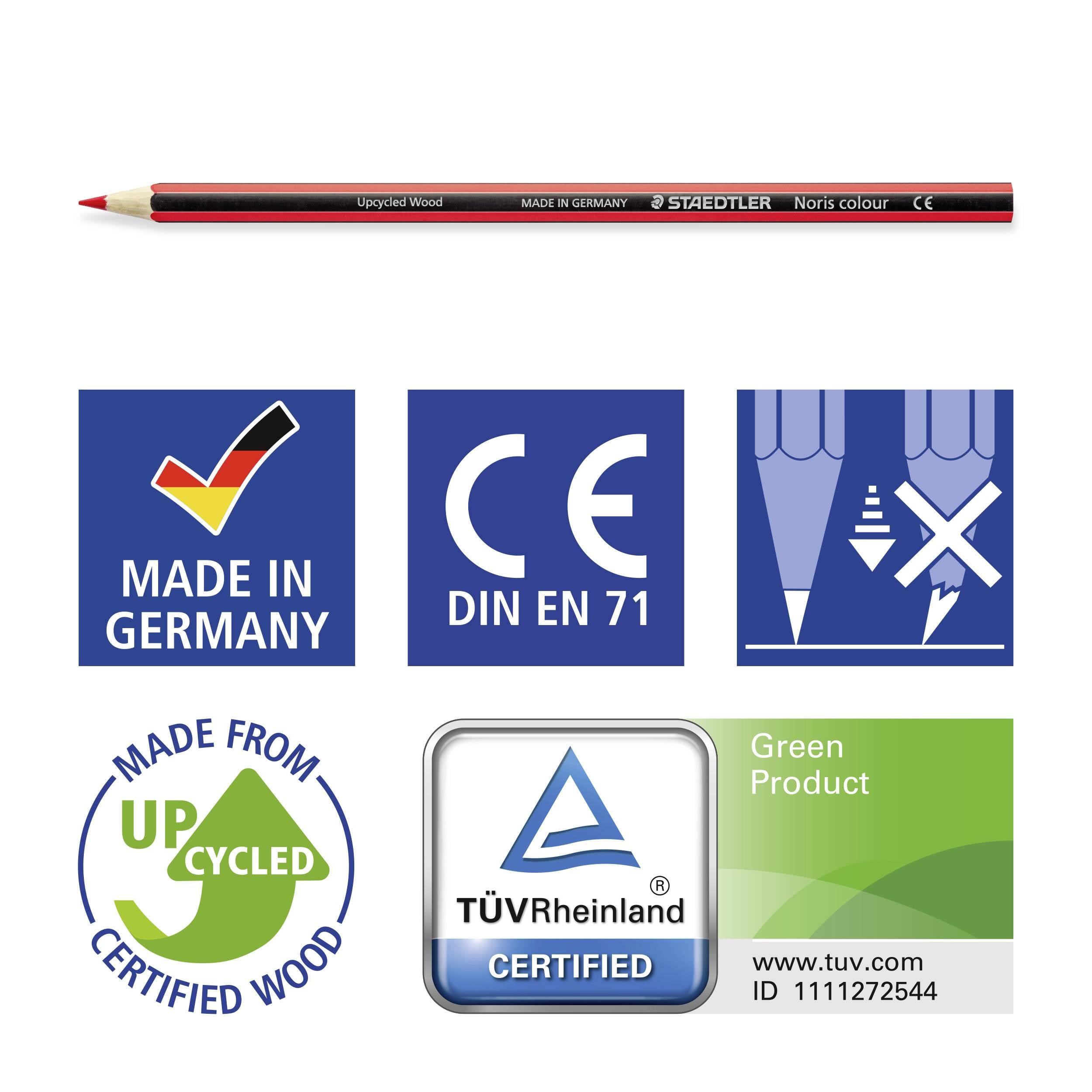 'Ołówek Staedtler' z oznaczeniami: 'Wyprodukowano w Niemczech', 'DIN EN 71', 'Wykonany z Przetworzonego Drewna', 'Certyfikat TÜV Rheinland', 'Produkt Ekologiczny'.