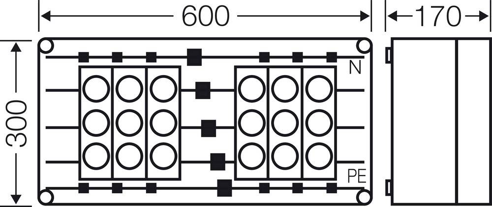 Schemat elektrycznego rozdzielacza o wymiarach 600 x 300 x 170 mm. W prawym górnym rogu oznaczono przewód neutralny (N) i przewód ochronny (PE).