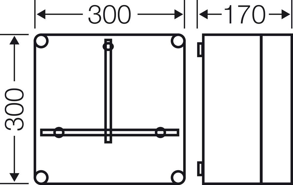 Rysunek techniczny kwadratowego pudełka. Wymiary: 300x300 mm; głębokość: 170 mm. Widok z przodu i boku. Linia na środku.