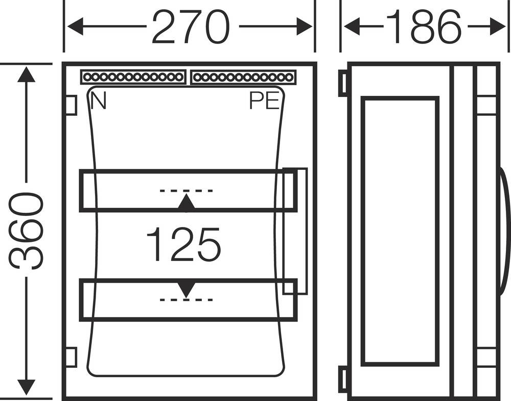 Rysunek techniczny prostokątnej rozdzielni elektrycznej o wymiarach: 270 mm szerokości, 360 mm wysokości, 186 mm głębokości. Zawiera oznaczenia przyłączy 'N' i 'PE'.