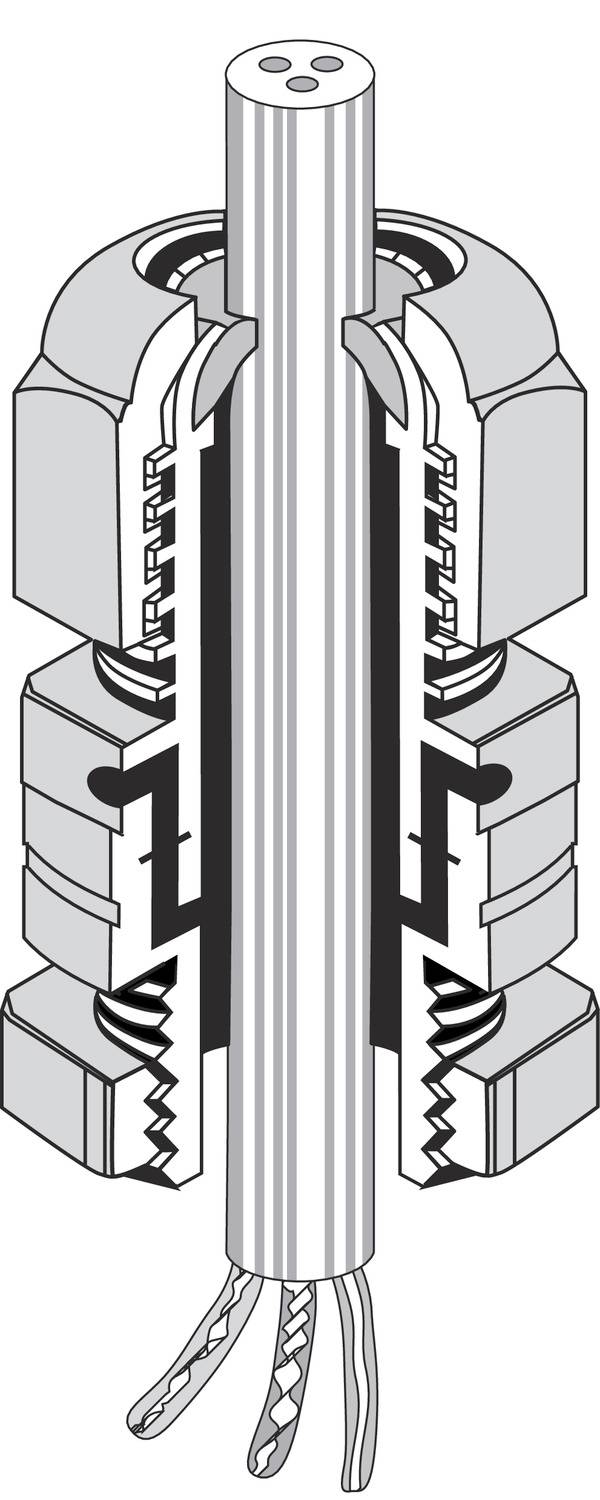 Przekrój poprzeczny złącza kablowego, przedstawiający wnętrze z przewodami i elementami mocującymi.