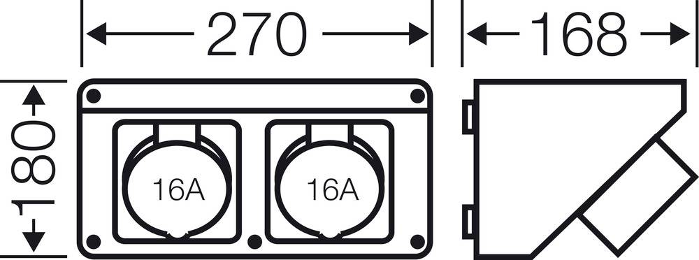 'Rysunek techniczny podwójnego gniazda elektrycznego 16A. Wymiary: wysokość 180 mm, szerokość 270 mm, głębokość 168 mm. Widok z boku i z przodu.'